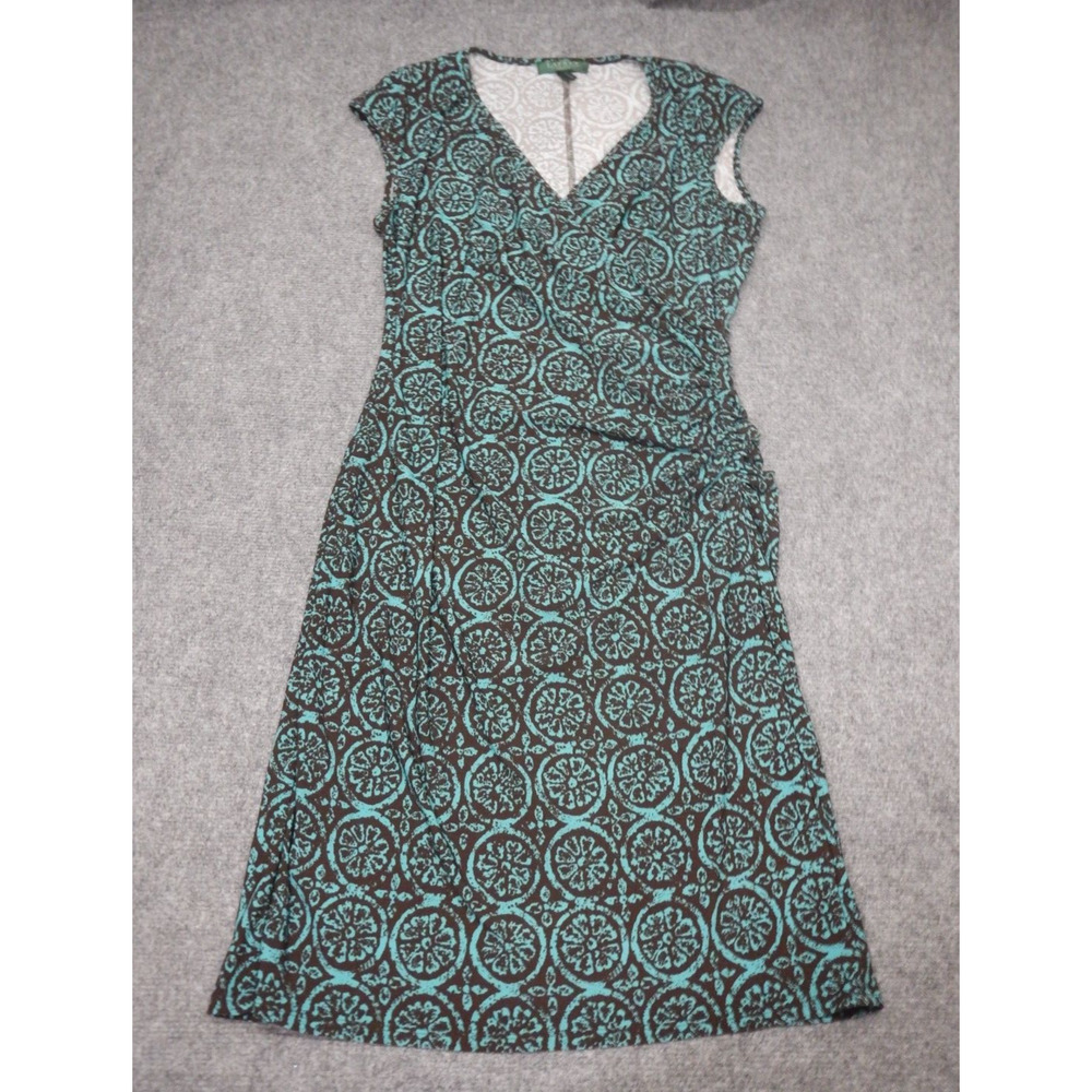 Lauren Ralph Lauren Dress Womens Sz 10 Green Brown Floral Geometric Ruched Waist